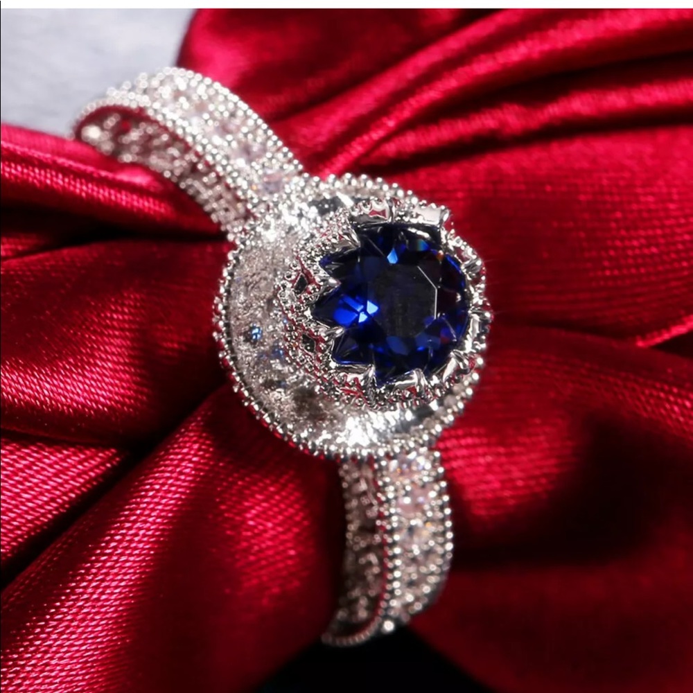 New 925 Silver Blue Sapphire Wedding Ring